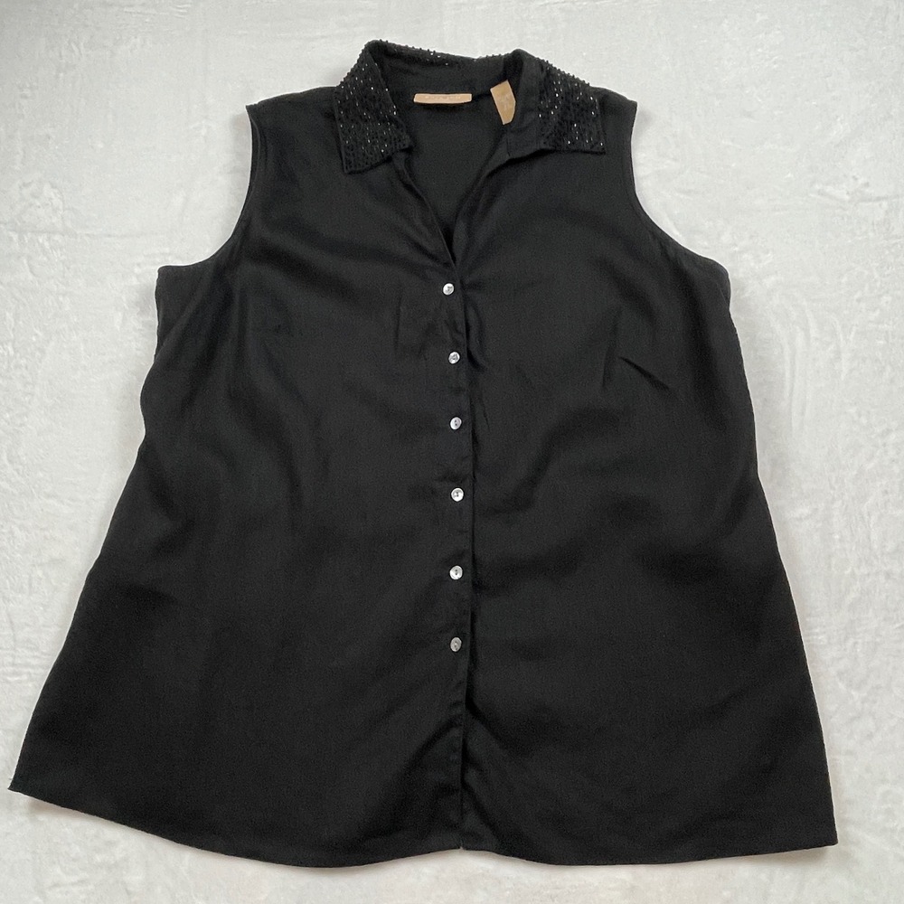 Kate Hill Woman Black 100% Linen Sleeveless Beaded Collar Blouse Top 2X Office